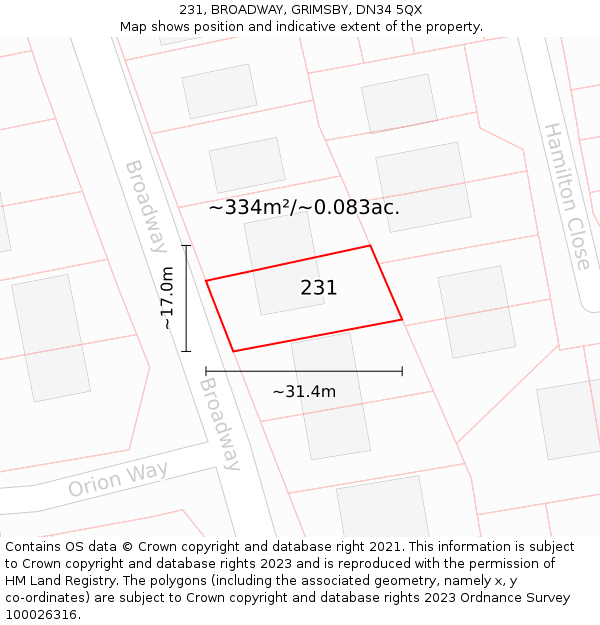 231, BROADWAY, GRIMSBY, DN34 5QX: Plot and title map