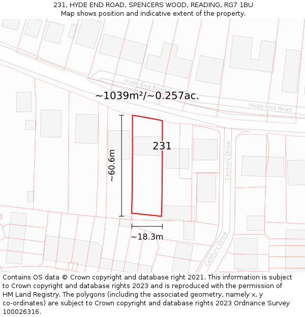 231, HYDE END ROAD, SPENCERS WOOD, READING, RG7 1BU: Plot and title map