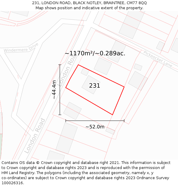 231, LONDON ROAD, BLACK NOTLEY, BRAINTREE, CM77 8QQ: Plot and title map