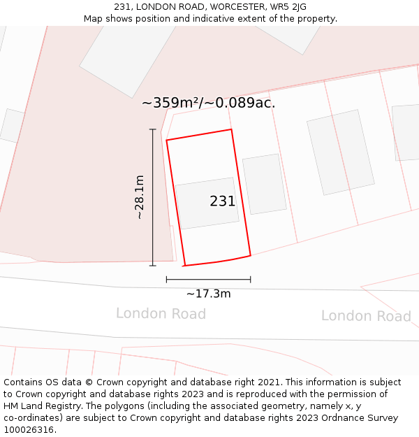 231, LONDON ROAD, WORCESTER, WR5 2JG: Plot and title map