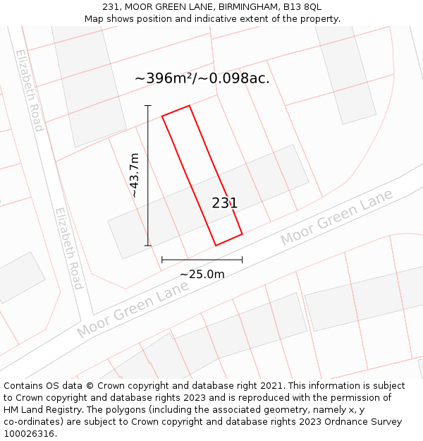 231, MOOR GREEN LANE, BIRMINGHAM, B13 8QL: Plot and title map