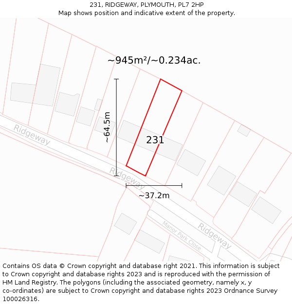 231, RIDGEWAY, PLYMOUTH, PL7 2HP: Plot and title map