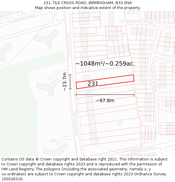 231, TILE CROSS ROAD, BIRMINGHAM, B33 0NA: Plot and title map