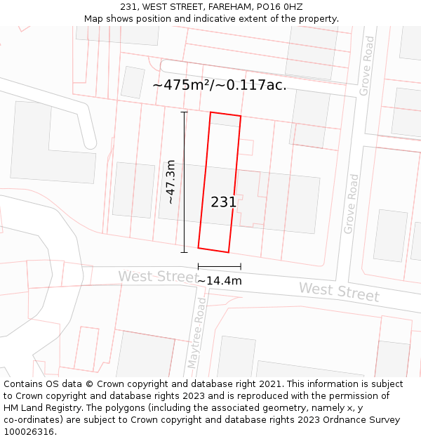 231, WEST STREET, FAREHAM, PO16 0HZ: Plot and title map