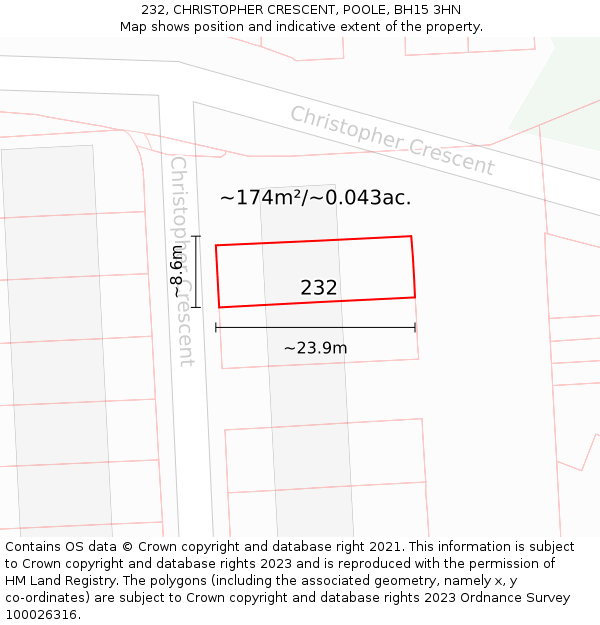 232, CHRISTOPHER CRESCENT, POOLE, BH15 3HN: Plot and title map