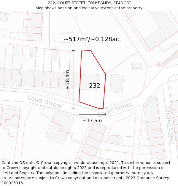 232, COURT STREET, TONYPANDY, CF40 2RF: Plot and title map