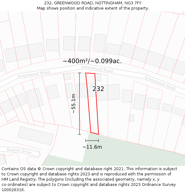 232, GREENWOOD ROAD, NOTTINGHAM, NG3 7FY: Plot and title map