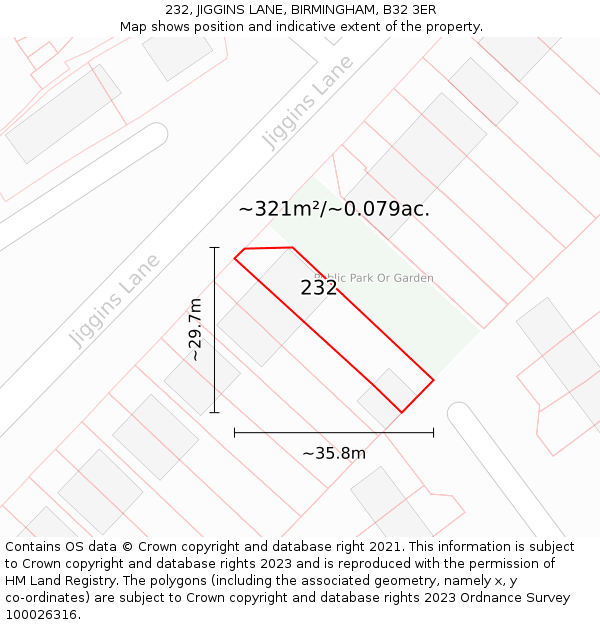 232, JIGGINS LANE, BIRMINGHAM, B32 3ER: Plot and title map