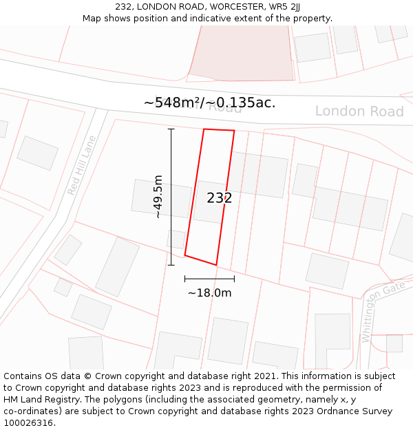 232, LONDON ROAD, WORCESTER, WR5 2JJ: Plot and title map