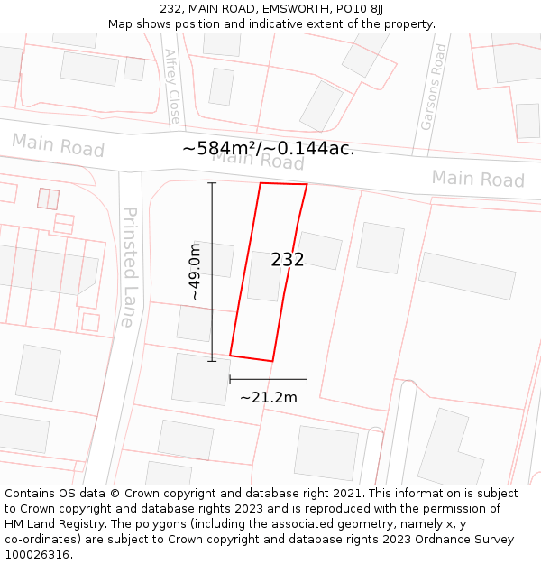 232, MAIN ROAD, EMSWORTH, PO10 8JJ: Plot and title map