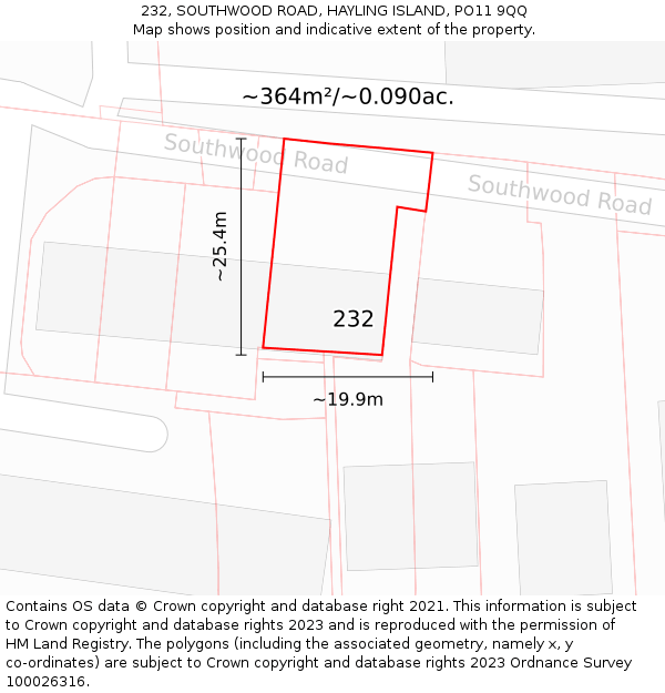 232, SOUTHWOOD ROAD, HAYLING ISLAND, PO11 9QQ: Plot and title map