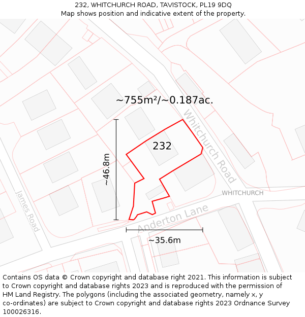 232, WHITCHURCH ROAD, TAVISTOCK, PL19 9DQ: Plot and title map