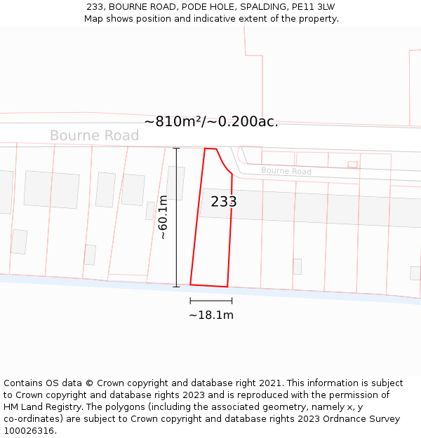 233, BOURNE ROAD, PODE HOLE, SPALDING, PE11 3LW: Plot and title map