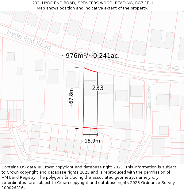 233, HYDE END ROAD, SPENCERS WOOD, READING, RG7 1BU: Plot and title map