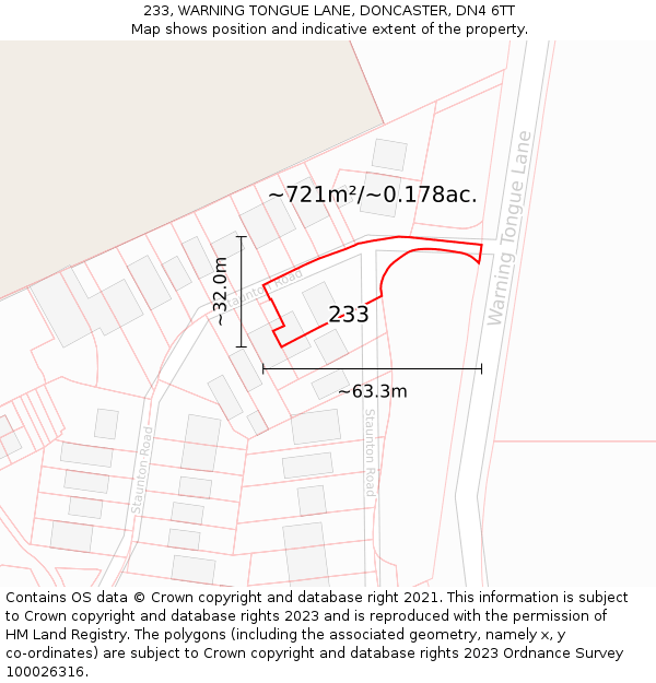 233, WARNING TONGUE LANE, DONCASTER, DN4 6TT: Plot and title map