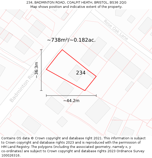 234, BADMINTON ROAD, COALPIT HEATH, BRISTOL, BS36 2QG: Plot and title map