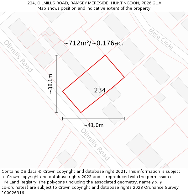 234, OILMILLS ROAD, RAMSEY MERESIDE, HUNTINGDON, PE26 2UA: Plot and title map