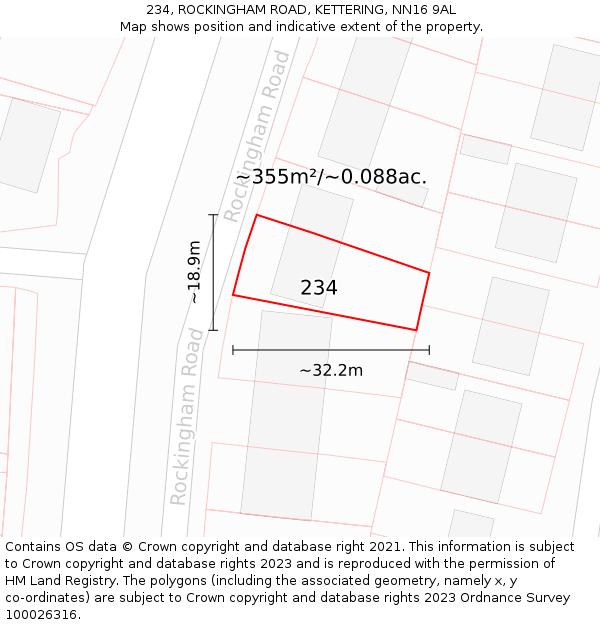 234, ROCKINGHAM ROAD, KETTERING, NN16 9AL: Plot and title map