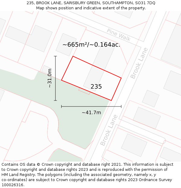 235, BROOK LANE, SARISBURY GREEN, SOUTHAMPTON, SO31 7DQ: Plot and title map