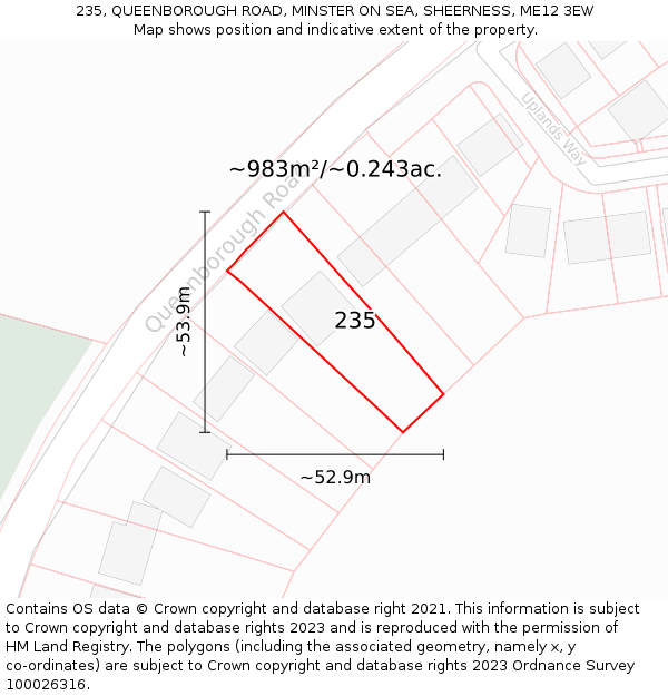 235, QUEENBOROUGH ROAD, MINSTER ON SEA, SHEERNESS, ME12 3EW: Plot and title map