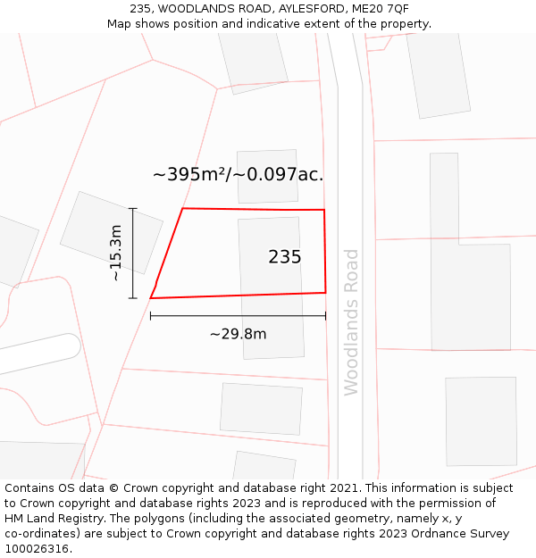 235, WOODLANDS ROAD, AYLESFORD, ME20 7QF: Plot and title map