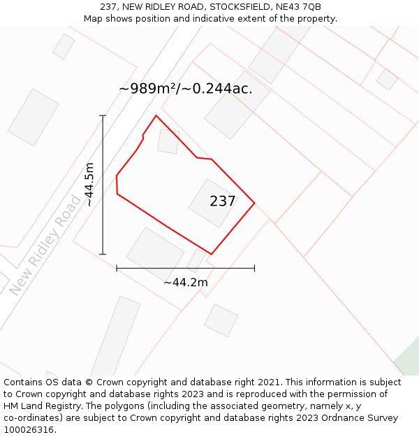 237, NEW RIDLEY ROAD, STOCKSFIELD, NE43 7QB: Plot and title map