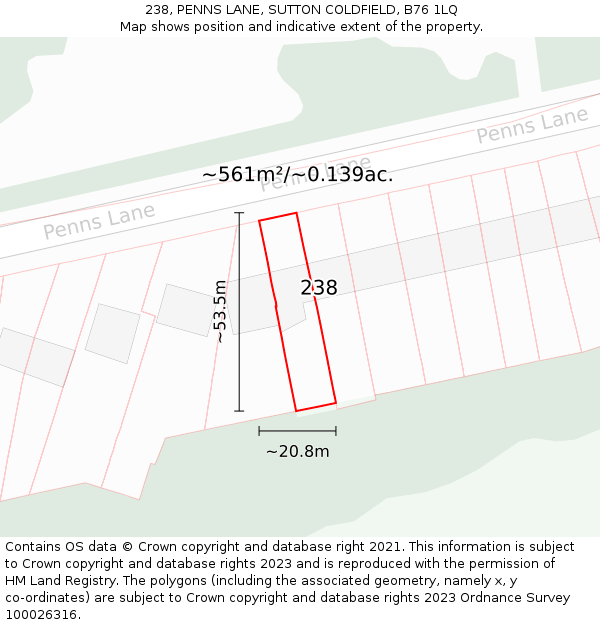 238, PENNS LANE, SUTTON COLDFIELD, B76 1LQ: Plot and title map