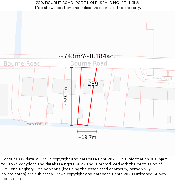 239, BOURNE ROAD, PODE HOLE, SPALDING, PE11 3LW: Plot and title map