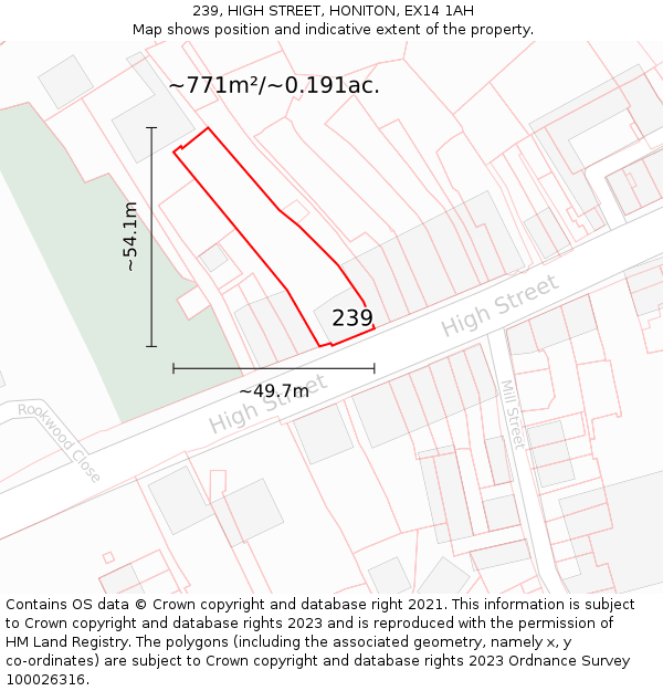 239, HIGH STREET, HONITON, EX14 1AH: Plot and title map