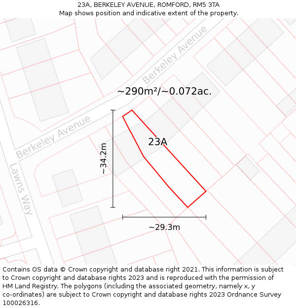 23A, BERKELEY AVENUE, ROMFORD, RM5 3TA: Plot and title map