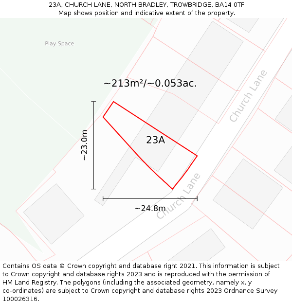 23A, CHURCH LANE, NORTH BRADLEY, TROWBRIDGE, BA14 0TF: Plot and title map