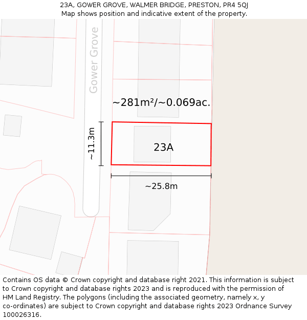 23A, GOWER GROVE, WALMER BRIDGE, PRESTON, PR4 5QJ: Plot and title map