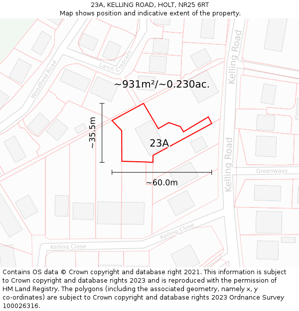 23A, KELLING ROAD, HOLT, NR25 6RT: Plot and title map