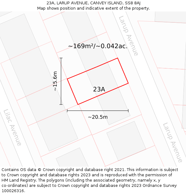 23A, LARUP AVENUE, CANVEY ISLAND, SS8 8AJ: Plot and title map