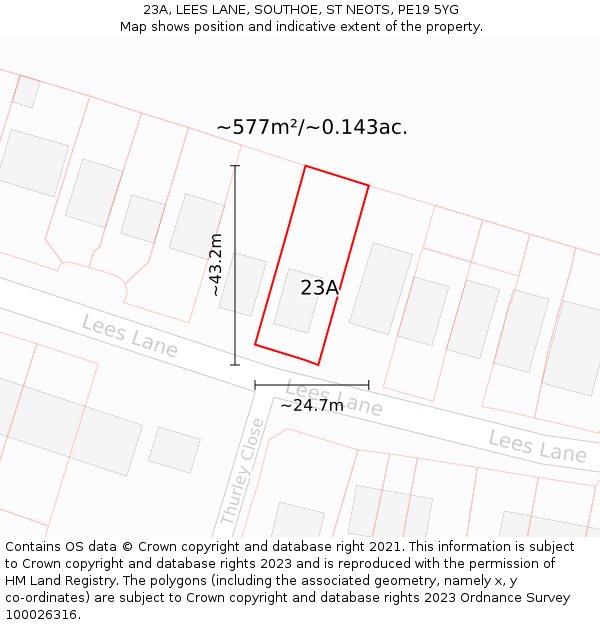 23A, LEES LANE, SOUTHOE, ST NEOTS, PE19 5YG: Plot and title map