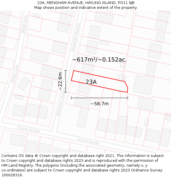 23A, MENGHAM AVENUE, HAYLING ISLAND, PO11 9JB: Plot and title map