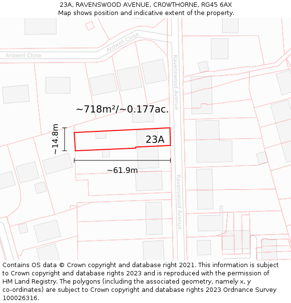 23A, RAVENSWOOD AVENUE, CROWTHORNE, RG45 6AX: Plot and title map