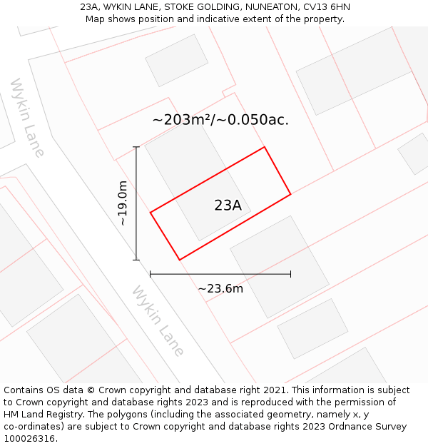 23A, WYKIN LANE, STOKE GOLDING, NUNEATON, CV13 6HN: Plot and title map