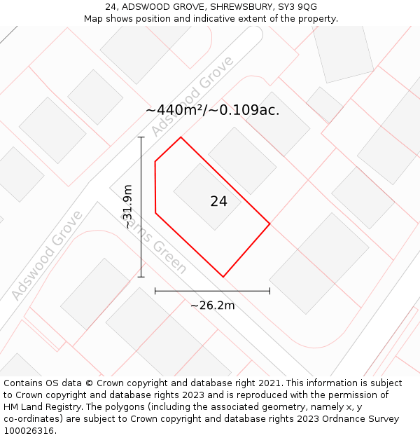 24, ADSWOOD GROVE, SHREWSBURY, SY3 9QG: Plot and title map
