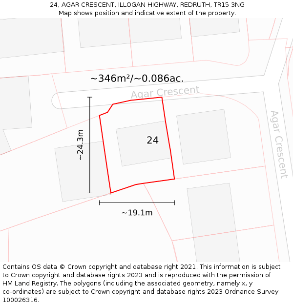 24, AGAR CRESCENT, ILLOGAN HIGHWAY, REDRUTH, TR15 3NG: Plot and title map