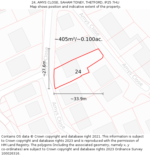 24, AMYS CLOSE, SAHAM TONEY, THETFORD, IP25 7HU: Plot and title map