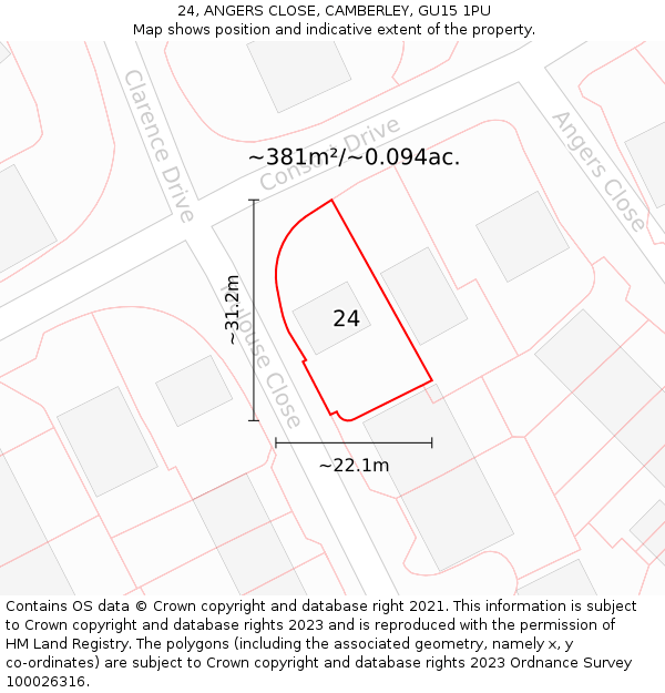 24, ANGERS CLOSE, CAMBERLEY, GU15 1PU: Plot and title map