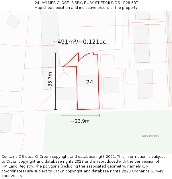 24, AYLMER CLOSE, RISBY, BURY ST EDMUNDS, IP28 6RT: Plot and title map