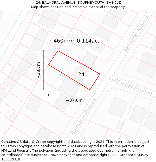 24, BALMORAL AVENUE, BOURNEMOUTH, BH8 9LZ: Plot and title map