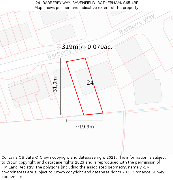 24, BARBERRY WAY, RAVENFIELD, ROTHERHAM, S65 4RE: Plot and title map