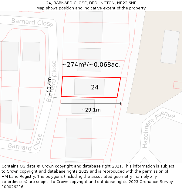 24, BARNARD CLOSE, BEDLINGTON, NE22 6NE: Plot and title map