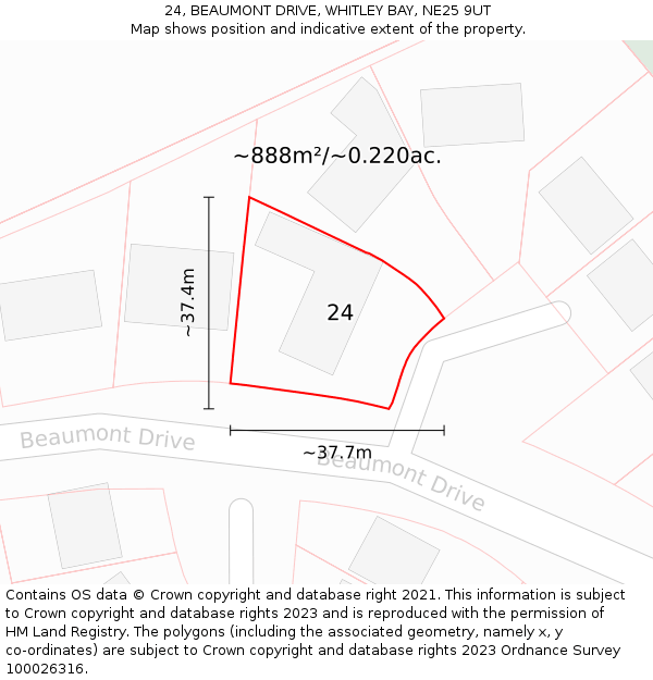 24, BEAUMONT DRIVE, WHITLEY BAY, NE25 9UT: Plot and title map