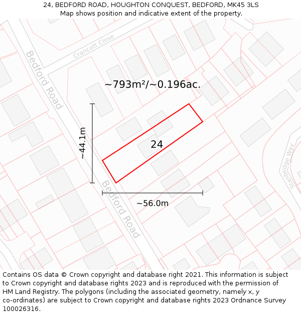 24, BEDFORD ROAD, HOUGHTON CONQUEST, BEDFORD, MK45 3LS: Plot and title map