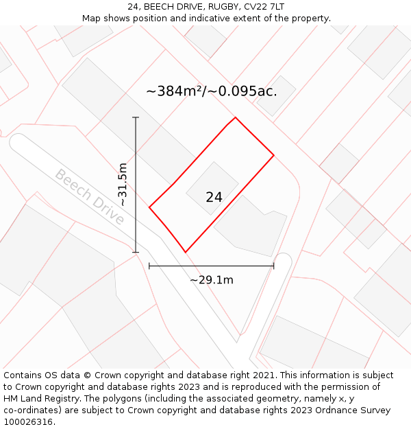 24, BEECH DRIVE, RUGBY, CV22 7LT: Plot and title map