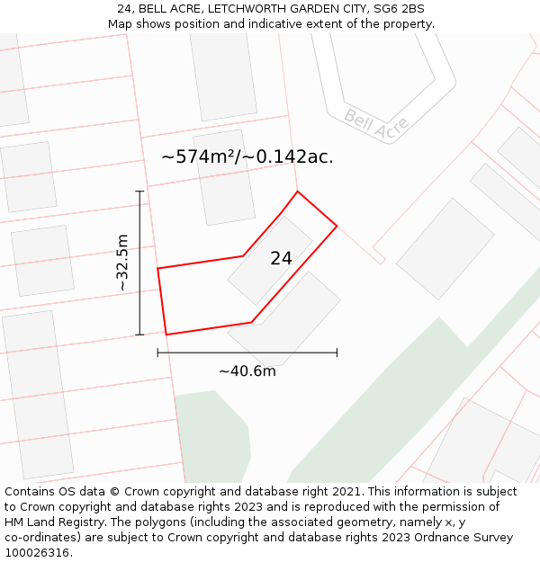 24, BELL ACRE, LETCHWORTH GARDEN CITY, SG6 2BS: Plot and title map